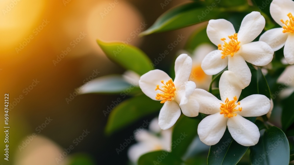 Fototapeta premium Beautiful white flowers blooming in nature during golden hour
