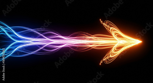 Glowing arrow formed by light trails moving from left to right on a black colored background