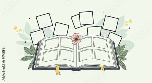 Open photo album with blank pages surrounded by leaves and blossoms creating a cherished memory book for your life