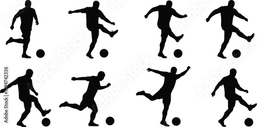 Soccer Player Silhouettes in Eight Kicking Poses with Ball on White Background for Sports, Training, and Design Content