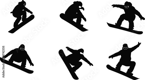 Snowboarder Silhouettes in Varied Mid-Air Trick Poses with Winter Gear on White Background for Sports and Design Content