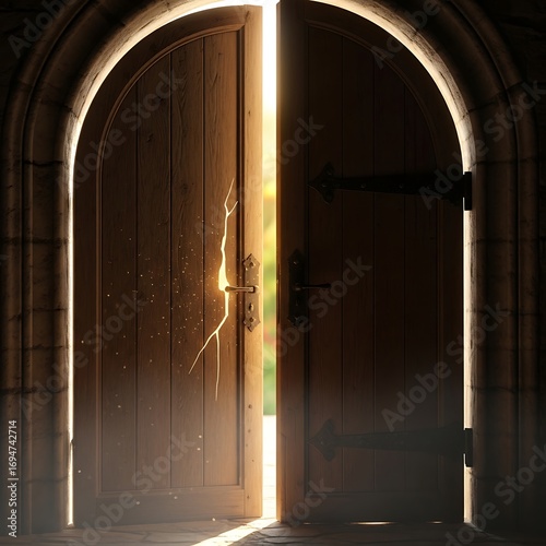 Massive wooden doors, cracked open, reveal a brilliant light and a glimpse of hope.