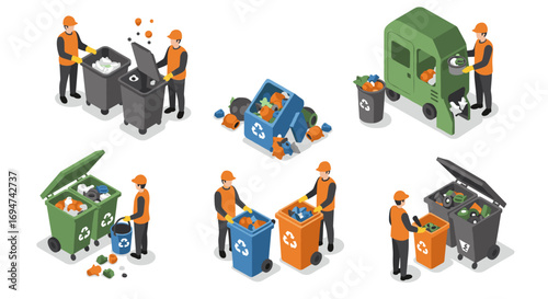 Recycling workers using bins and trucks in isometric style