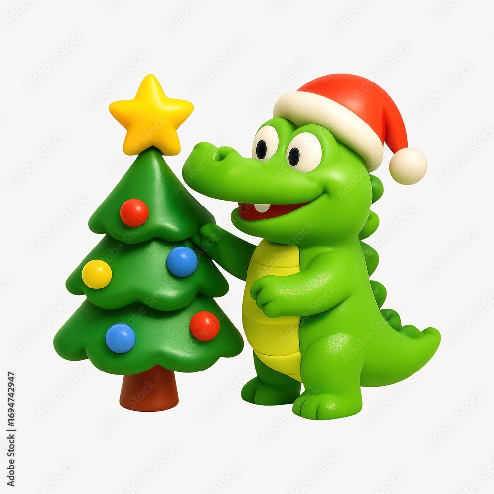 Fototapeta premium Festive dinosaur decorates Christmas tree.