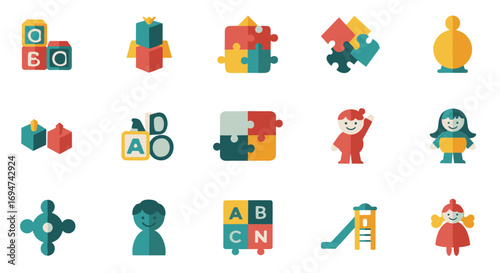 Colorful geometric toy icons featuring puzzle pieces and alphabet blocks