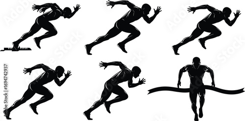 Sprinter Silhouettes in Sequential Race Poses from Start to Finish Line on White Background for Sports and Fitness Content