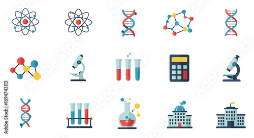 Science icons set featuring microscope, dna, lab equipment, and atomic models in flat style