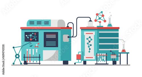 Modern laboratory equipment in flat design with test tubes and molecular structures