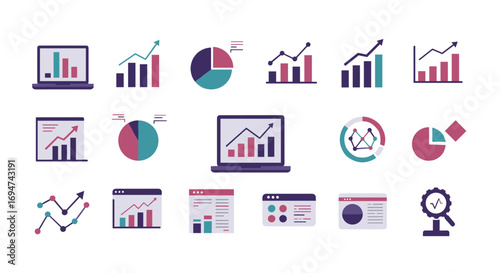 Minimalist flat data analytics icons featuring graphs and charts