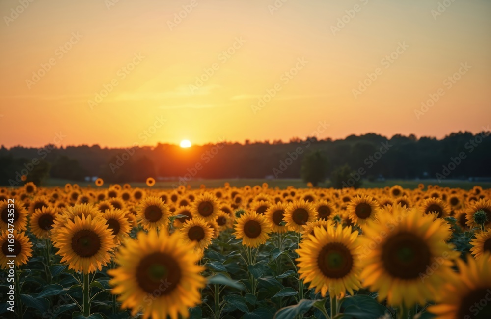 Fototapeta premium Vast sunflower field bathed in golden hour light. Sunflowers turn towards warm glow of sunrise sunset under clear, colorful sky. Gentle breeze rustles green leaves, creating peaceful summer nature