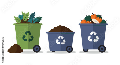 Recycling bins with compost and vegetables in flat design