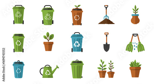 Eco-friendly gardening elements with recycling bins and tools in flat style