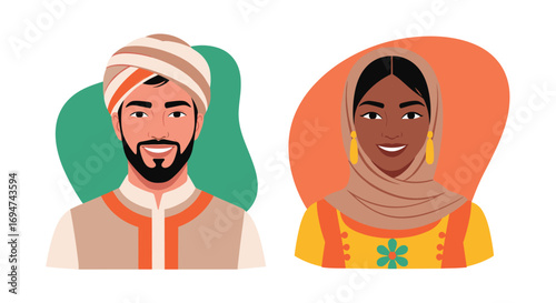 Diverse middle eastern people depicted with warm smiles and traditional attire in simple illustrated style