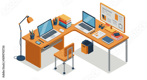 Isometric home office: dual monitors and modern workspace with l-shaped desk