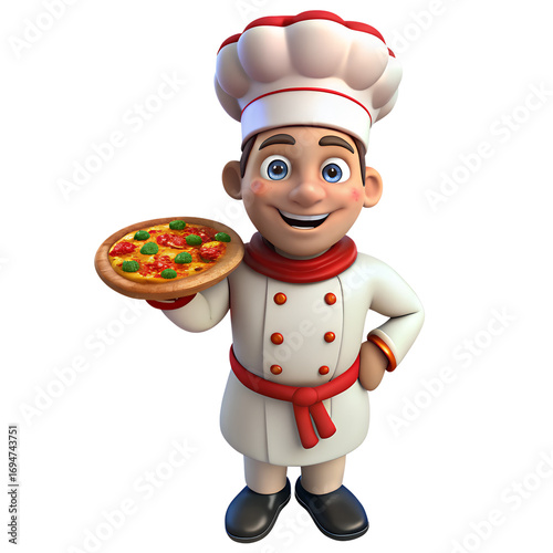 3d cartoon chef holding a pizza food