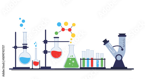 Colorful laboratory equipment set with modern microscope and chemical beakers