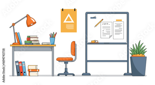 Flat style modern office workspace with desk, chair, and whiteboard