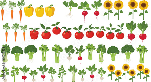 A vibrant collection of pixel art vegetables and sunflowers perfect for digital design projects