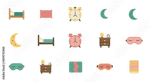 Cozy nighttime icons featuring sleep essentials for a restful night