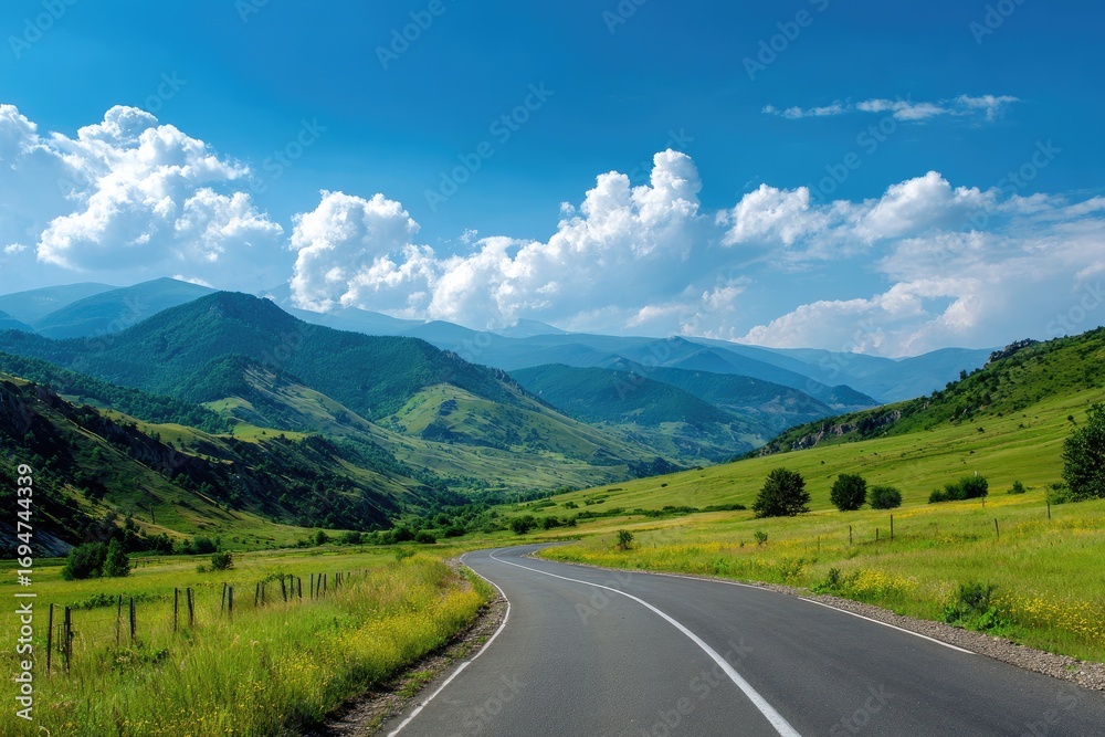 Fototapeta premium Winding road through verdant mountains under a vibrant sky