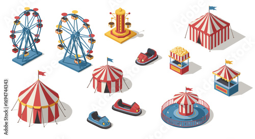 Isometric amusement park set with ferris wheel, carousel and circus tents
