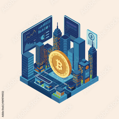 Isometric view of a financial technology hub built around cryptocurrency, showcasing a digital city with data visualization