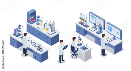 Isometric science lab with researchers conducting experiments and data analysis