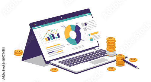 Interactive financial dashboard with laptop displaying colorful graphs and profit growth