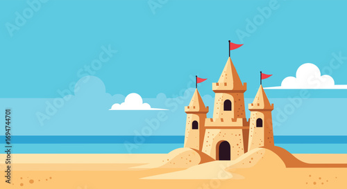 A majestic sandcastle stands proudly on a sunny beach under a blue sky with fluffy clouds