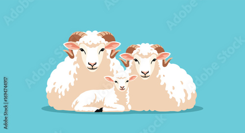Three fluffy sheep with horns and a baby lamb sitting together under blue sky