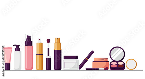Flat style beauty products collection: skincare bottles and makeup essentials
