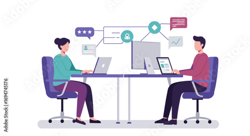 Collaborative teamwork concept in modern office with digital devices and communication