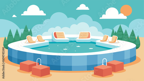 A large community hot tub with bubble jets and comfortable builtin seating for relaxation.