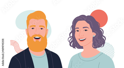 Modern minimalist illustration of a happy bearded man and a smiling woman with abstract shapes background