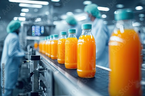 Fototapeta Naklejka Na Ścianę i Meble -  Orange juice bottles moving on a conveyor belt in a factory