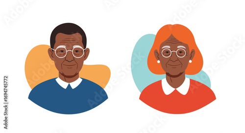 Illustrations of an older african american man and woman wearing glasses and depicted with abstract shapes behind them representing diversity and inclusivity in a welcoming atmosphere