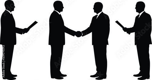 four-piece silhouette set of male professionals in business attire—centered around a handshake scene—is a sharp, high-impact bundle perfect for corporate-themed content, editorial design, or character
