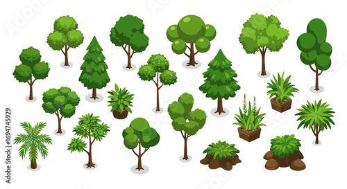 Isometric tree collection featuring various lush green foliage and potted plants