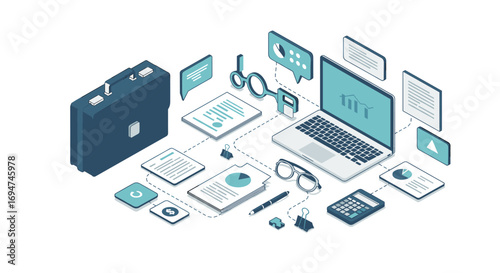 Isometric office workspace with laptop, briefcase, and documents for business analysis