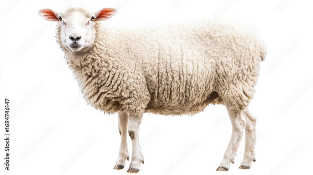 Fototapeta premium A white sheep with a thick, woolly coat, standing against a white background with a clear sky.