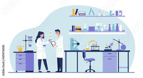 Scientists in a modern laboratory with equipment and chemistry experiments