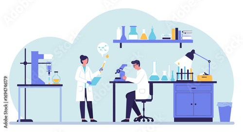 Scientists in laboratory conducting experiments and analyzing data with modern equipment in flat design
