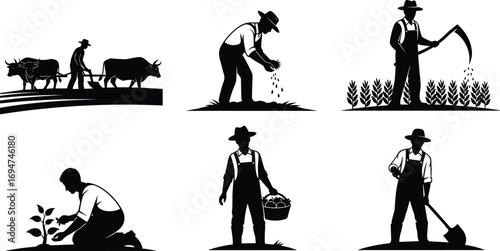 Traditional Farming Silhouettes in Varied Agricultural Poses with Tools and Animals on White Background for Education and Design Content
