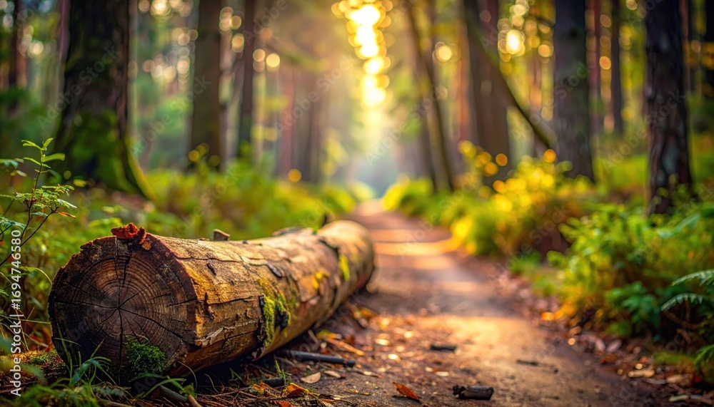 Obraz premium Fallen Log on Forest Path with Sunlight
