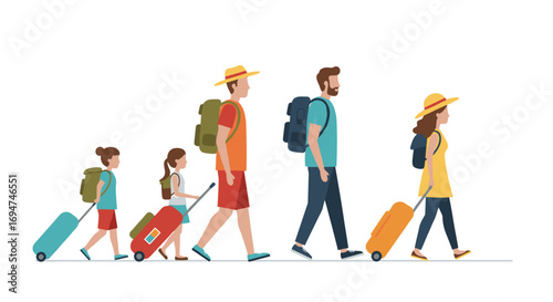 Family vacation journey with luggage in flat design