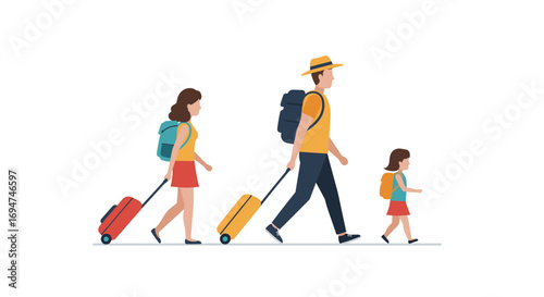Family travel adventure: parents and child walking with luggage