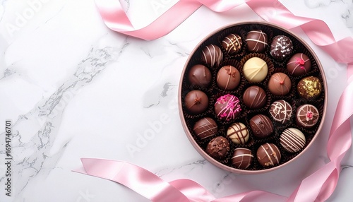 Assorted chocolates arranged in a roulette circle box, with satin ribbon, placed on a white marble table