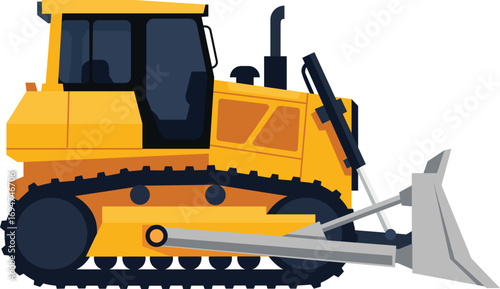 A bright yellow bulldozer with black accents, shown in a side view, ready for construction work.