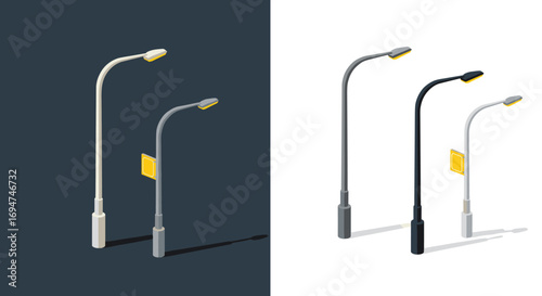 Isometric street lights on split background: modern urban design elements