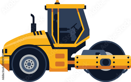 Yellow road roller vehicle with black wheels, a construction machine for compacting soil or asphalt.